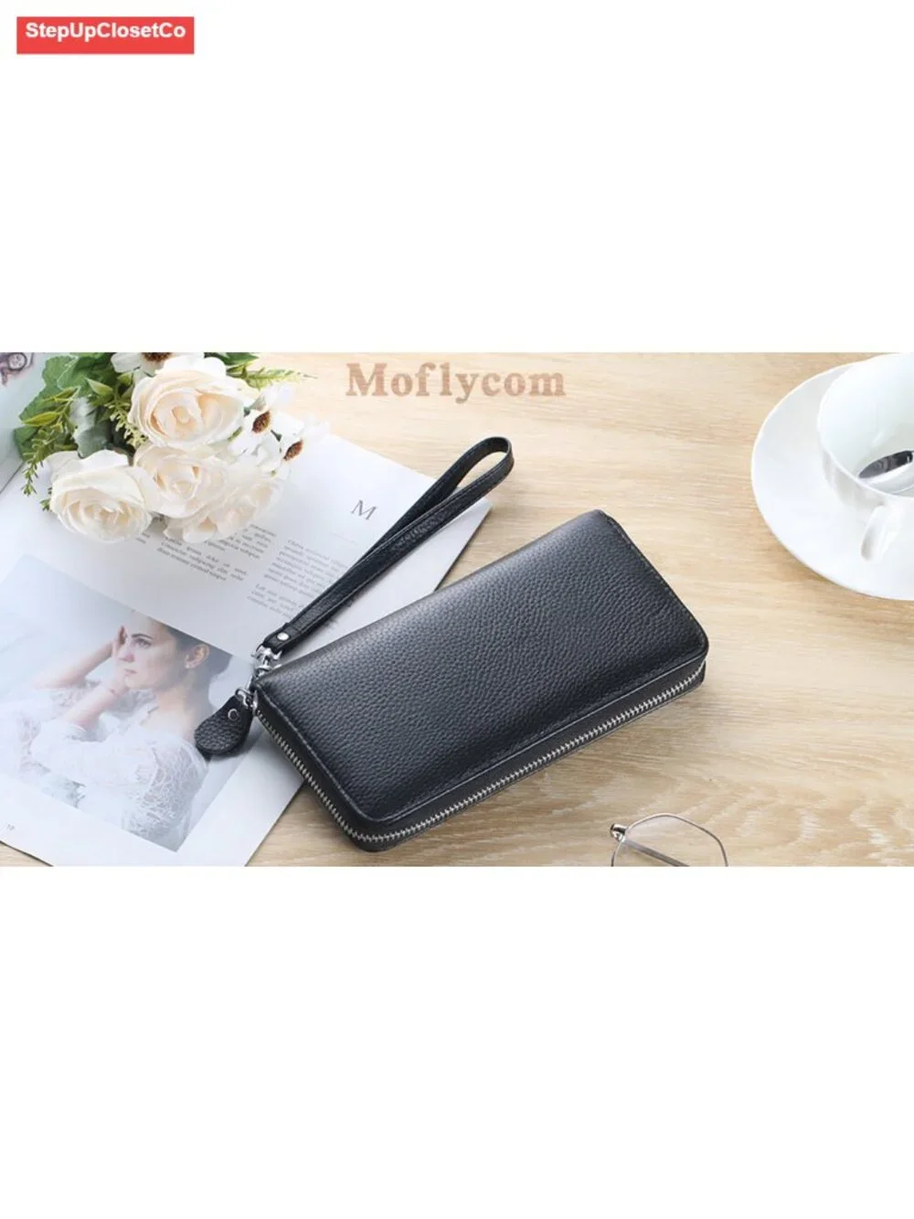 RFID Blocking Genuine Leather Zip Clutch Wristlet Wallet for Women